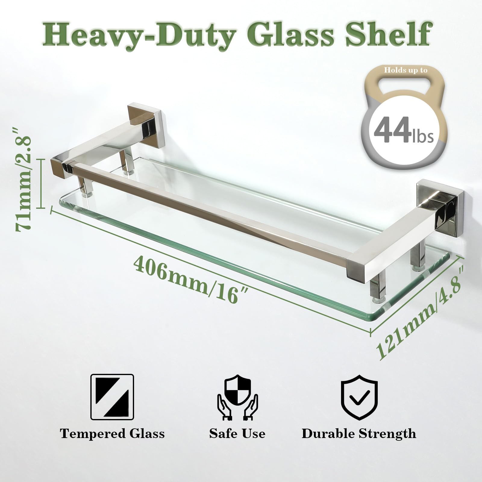 Alise Glass Bathroom Shelf, Polished Chrome Tempered Glass Shelves For Bathroom, Stainless Steel Modern Bathroom Floating Shelve